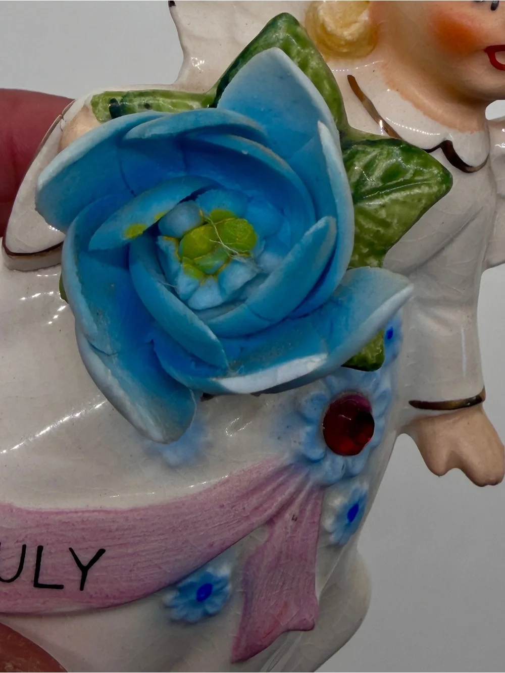 Vintage Lefton July Angel Birthstone Red Jewel Japan #6224 Blue Flower Flaws